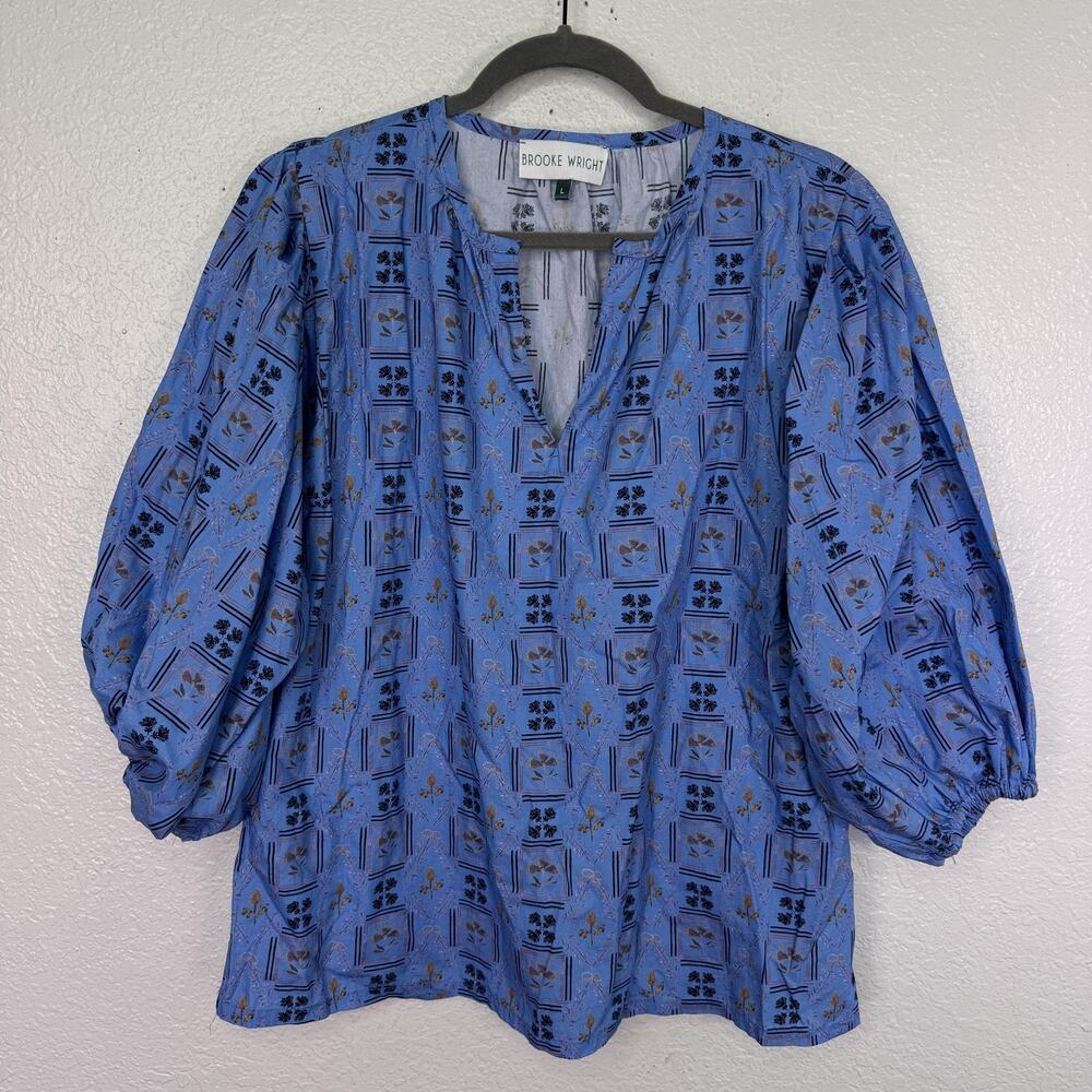 Brooke Wright Top Women Large Blue Floral 100% Cotton Poplin Tunic Blouse Boho